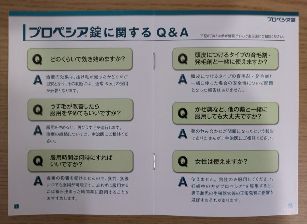 筆者がクリニックからもらったプロペシアの説明書におけるQ＆A